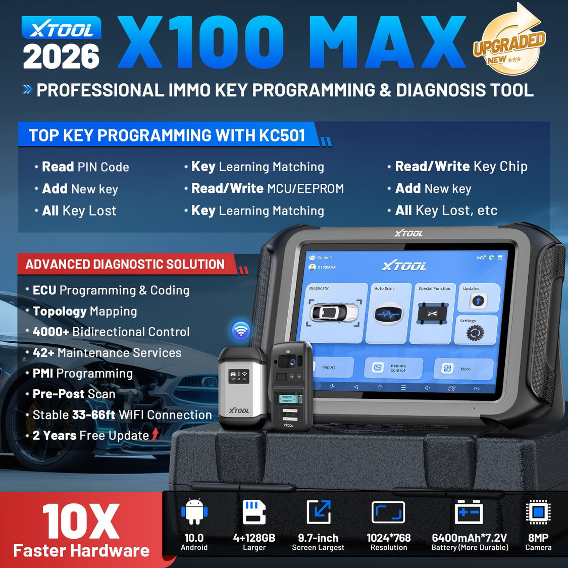 XTOOL X100 MAX Kfz Diagnosegerät mit KC501, Schlüsselprogrammierung, ECU-Codierung & bidirektionaler Diagnose